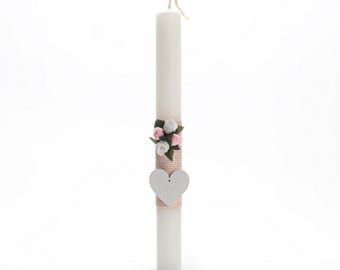 Greek Easter Candle wooden white Hearts and Flowers  - Aromatic Lampada - Easter Gifts -Orthodox Easter Candles Handmade Lampades