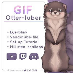 May include: A cartoon otter with a pink nose and brown fur stands on a purple background with white stars. The text "GIF Otter-tuber" is at the top of the image. Below the otter, there are four icons: a play button, a Twitch icon, a Discord icon, and a Twitter icon. The text "@Nekowomai" is at the bottom of the image.