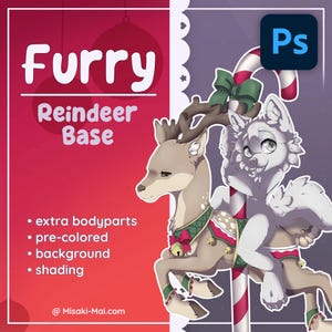 May include: A digital illustration of a furry reindeer with a wolf riding on its back. The reindeer is wearing a green and red Christmas-themed outfit with bells. The wolf is wearing a white furry coat. The image is labeled "Furry Reindeer Base" and includes the text "extra bodyparts, pre-colored, background, shading".