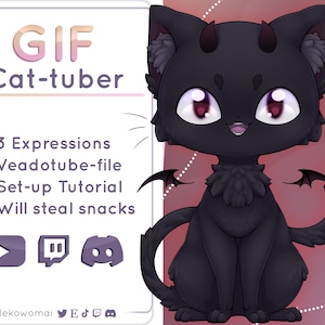 Può includere: Un gatto nero con occhi rossi e corna da diavolo siede su uno sfondo rosa. Il gatto ha una piccola coda soffice e indossa un sorriso malizioso. Il testo "GIF Cat-tuber" è nell'angolo in alto a sinistra dell'immagine. Sotto il gatto, ci sono icone per YouTube, Twitch e Discord. Il testo "3 Expressions", "Veadotube-file", "Set-up Tutorial" e "Will steal snacks" è elencato sotto le icone.