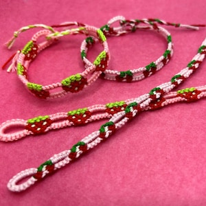 Fruit Chain Friendship Bracelet | Knotted Strawberry Bracelet with Adjustable Ties | String Cherry Bracelet | Handmade Bracelet Accessory