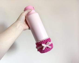 Crochet Ribbon Water Bottle Boot: Pink Tumbler Accessory Fits Stanley, Owala, Hydro Flask & More