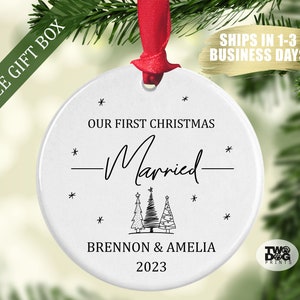 Personalized First Christmas Married Ceramic Ornament, Modern Black and White Christmas Trees, Wedding Keepsake, Gift for Newlyweds