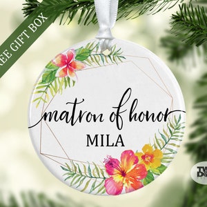 Personalized Matron of Honor Tropical Beach Wedding Ceramic Ornament with Name, Destination Bridal Party Gift for Matron of Honor, Hibiscus