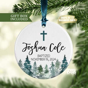 Personalized Baptism Ceramic Ornament for Him with Name and Date, Baptism Gift for Boy, Godson Gift, Pine Trees Rustic