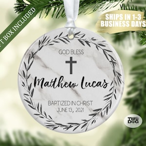 Personalized Baptized in Christ Printed Ceramic Ornament for Boy with Name & Date, Baptism Gift for Boy, Godson Gift, Faux Marble Print