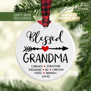 Custom Grandma Ceramic Ornament with Grandchildren&#39;s Names, Personalized Grandma Gift from Grand Kids, Choice of Ribbon Color, Free Gift Box