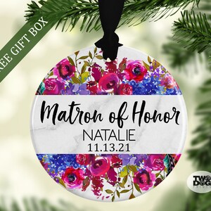 Personalized Matron of Honor Fuchsia & Blue Floral Ceramic Ornament with Name and Wedding Date, Matron of Honor Proposal, Bridal Party Gift