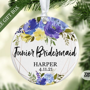 Personalized Junior Bridesmaid Blue and Yellow Floral Ceramic Ornament with Name and Wedding Date,Junior Bridesmaid Proposal,Gift from Bride