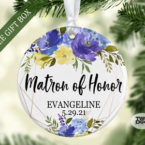 Personalized Matron of Honor Blue and Yellow Floral Ceramic Ornament with Name and Wedding Date, Matron of Honor Proposal, Bridal Party Gift