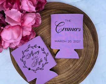 Personalized Wedding Can Coolers, Custom Flower Wreath Monogrammed Party Favors, Slim and Regular Beer Huggers