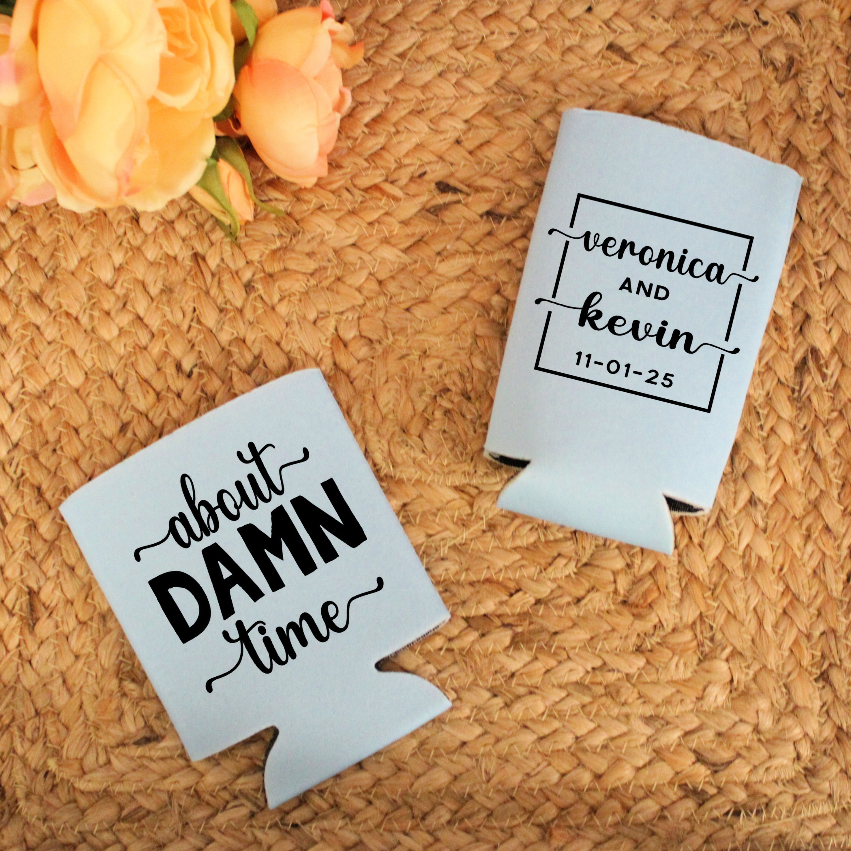 About Damn Time Wedding Favor Regular and Slim Can Cooler Combo Package, Wedding Reception Can Cooler Bundle, Engagement Party Gift