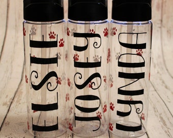 Personalized Plastic Water Bottle with paw prints, Personalized Birthday Party Favor, Personalized Gift,  Personalized cup with paw prints
