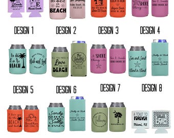 Personalized Beach Wedding Can Coolers, Destination Wedding Party Favors, Multiple Design Options Slim and Regular Beer Huggers