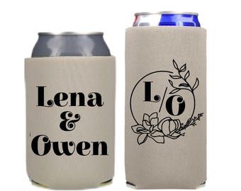Personalized Wedding Can Coolers, Custom Floral Wreath Monogrammed Party Favors, Slim and Regular Beer Huggers
