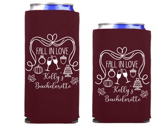Fall In Love Can Cooler, Personalized Bachelorette Favor, Custom Can Coolers
