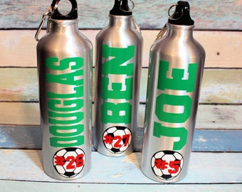 Personalized Sports Aluminum Water bottle, Soccer Team Gift,  Soccer Coach's Gift, Sports Birthday Party Favor, Soccer Player Gift