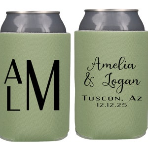 Custom Monogram Wedding Can Coolers, Personalized Monogrammed Can Holder, Wedding Reception Favor, Wedding