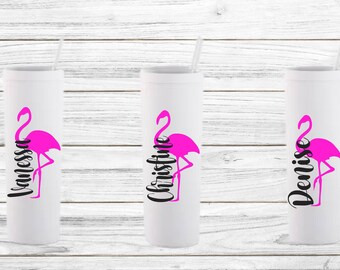 Personalized Gift, Flamingo Bachelorette Skinny Tumbler, Personalized Vacation Skinny Tumbler with straw, Pool Cup, girls trip girls weekend