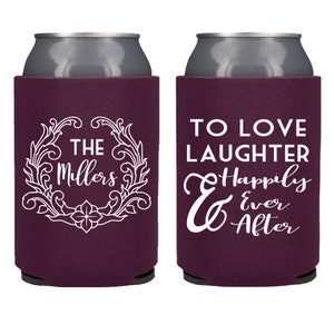 Custom Vintage Wedding Favors, To Love Laughter and Happily Ever After Can Coolers,  Rehearsal Dinner Favors, Wedding Reception