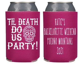 Bachelorette Party Favor, Gothic Wedding, Til Death Do Us Party Can Cooler, Sugar Skull Wedding Party Favor, Beer Hugger