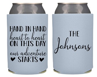Personalized Wedding Can Coolers, Wedding Toast, Custom Reception Bar, Monogram Wedding Favors, Beer Huggers