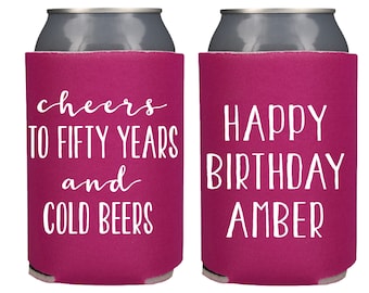 Birthday Party Favors, Custom Can Coolers, Cheers to Many Years and Cold Beers