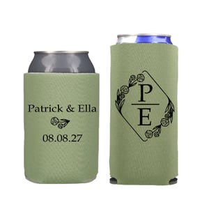 Personalized Wedding Can Coolers, Custom Floral Monogrammed Party Favors, Slim and Regular Beer Huggers