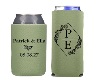 Personalized Wedding Can Coolers, Custom Floral Monogrammed Party Favors, Slim and Regular Beer Huggers