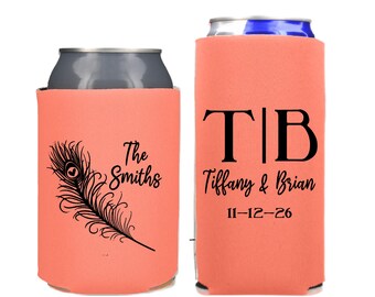 Personalized Wedding Can Coolers, Custom Feather Monogrammed Party Favors, Slim and Regular Beer Huggers