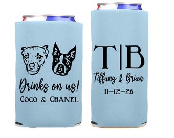 Custom Pet Illustration Wedding Can Coolers: Dog Favor Coolies