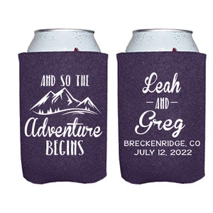 And So the Adventure Begins Can Coolers, Personalized Wedding Can Coolers, Mountain Wedding, Rustic Party Favors, Engagement Party