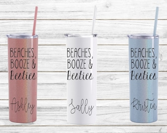 Beaches Booze & Besties Vacation Tumblers, Girls Trip Cups, Beach Vacation Stainless Steel Skinny Cup with Straw, Bachelorette Cups,