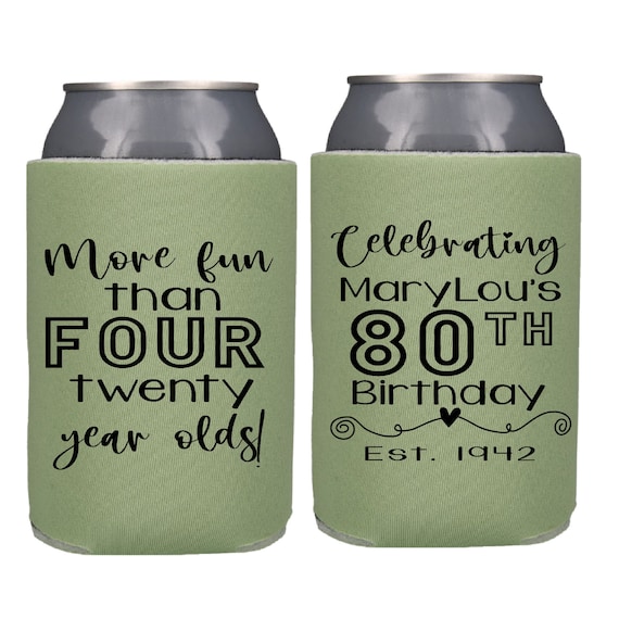 Personalized Birthday Party Favors, Birthday Can Coolers, 80th birthday favor, by Be Vocal
