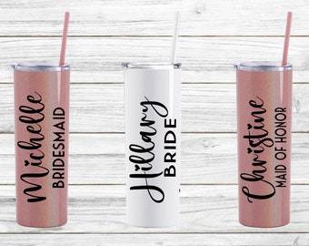 Wedding Tumblers Set of 4 5 6 7 You Choose Qty, Personalized Bridesmaid Gifts, Wine Tumbler with Straw,