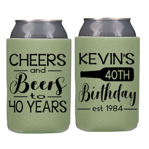 Custom 40th Birthday Can Coolers, Personalized Anniversary Party Can Coolers, 40th Birthday Party Favors Cheers and Beers Insulators