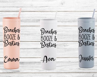 Beaches Booze & Besties Vacation Tumblers, Girls Trip Cups, Beach Vacation 18 oz Acrylic Skinny Cup with Straw, Bachelorette Cups,