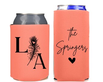 Personalized Wedding Can Coolers, Custom Feather Monogrammed Party Favors, Slim and Regular Beer Huggers