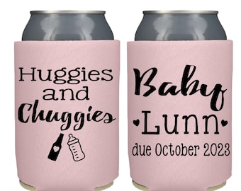 Huggies and Chuggies Baby Shower Favor,  Gender Reveal Party Favor, Couples Baby Shower Can Coolers, Baby Reveal Party Beer Insulator,