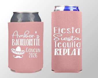 Fiesta Siesta Tequila Repeat Bachelorette Can Coolers, Mexican Theme Bachelorette Party Favor, Mexico Girls Trip Favor,  Wedding Party Gift