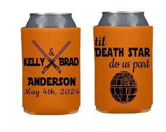 Til Death Star do us part can coolers, fantasy wedding favor, death star beer holder, fantasy bride, may the fourth be with you custom favor