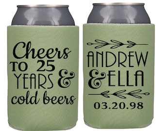 May include: Two green and white can coolers with black text. One cooler says "Cheers to 25 years & cold beers". The other cooler says "Andrew & Ella 03.20.98".