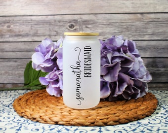 Personalized Iced Coffee Tumbler: Frosted Beer Can Glass Bridal Party Gift