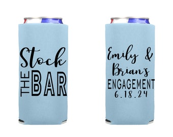 Slim 12 oz. Stock the Bar Can Cooler, Beach Housewarming Skinny Can Coolers , Couples Shower Party Favor, Engagement Party, Bachelor