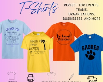 May include: Four short-sleeve t-shirts in light blue, yellow, orange, and royal blue with custom graphics. The light blue shirt features "THE BACH CLUB" text, the yellow shirt says "HANSEN FAMILY VACATION", the orange shirt displays "Be Vocal Designs", and the blue shirt shows "SABRES" with a paw print.