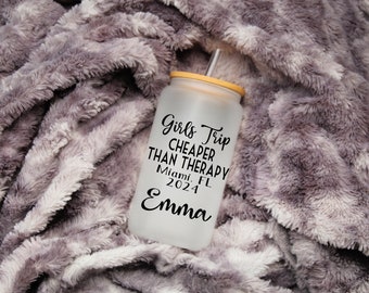 Girls Trip Cheaper Than Therapy Iced Coffee Cup, Girls Trip Gifts, Personalized Iced Coffee Tumbler, Girl's Weekend Cups