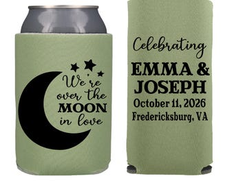 Custom Over the Moon Wedding Can Coolers Wedding Can Cooler Space Beer Holder Moon & Stars Theme Wedding Celestial Wedding Favor