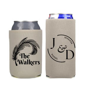 Personalized Wedding Can Coolers, Custom Feather Monogrammed Party Favors, Slim and Regular Beer Huggers