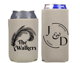 Personalized Wedding Can Coolers, Custom Feather Monogrammed Party Favors, Slim and Regular Beer Huggers
