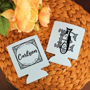 Custom Wedding Can Coolers, Personalized Monogrammed Can Holder, Monogram Wedding Reception Favor, Wedding Party Gift